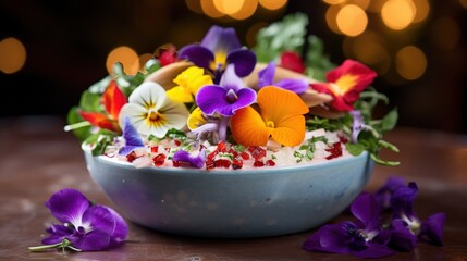  a bowl filled with flowers sitting on top of a table.  generative ai