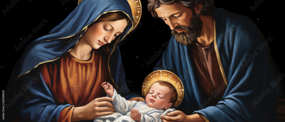 Wall mural christmas nativity scene with virgin mary, father joseph, and jesus christ baby, generative ai illus