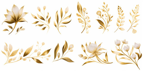 Set of golden floral elements on white background, ai generated.