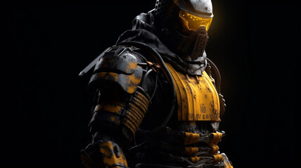 A ninja man in robot armor holding a sword, styled in a muted color palette