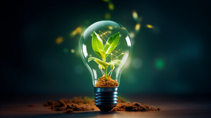 The emergence of a fresh concept, an innovative and sustainable idea. A green sprout inside a light bulb, emitting a radiant glow. A novel ecological concept, blossoming with potential