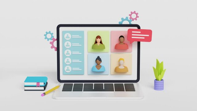 Online Video call conference with chat, working from home, social distancing, business discussion. Video conference interface. Online meeting, webinar, 3d loop animation