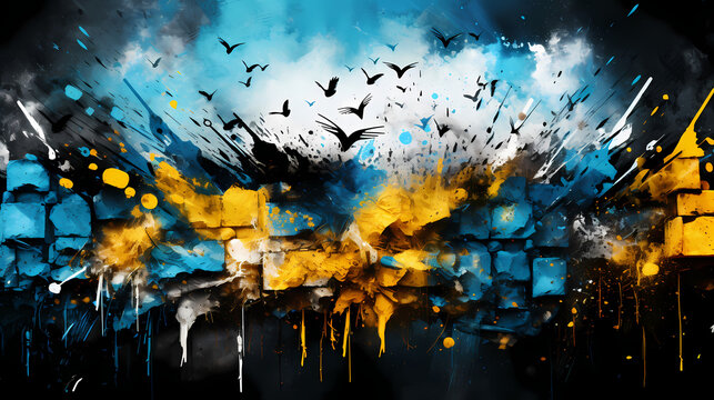 Abstract painting, blue yellow colors, walpaper