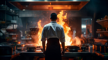 Observing from behind, a chef in an Asian restaurant kitchen stands near a gas stove with flames and smoke rising.