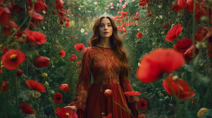 Fototapeta premium Woman walking through a field of poppy flowers. Made with Generative AI.