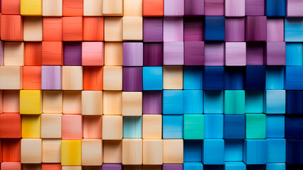 Fototapeta na wymiar A collection of multi-colored wooden blocks stacked together, forming a spectrum. This composition serves as a backdrop or cover for creative, diverse, expanding, rising, or growing concepts. The shal