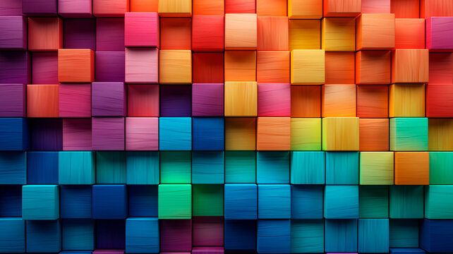A collection of multi-colored wooden blocks stacked together, forming a spectrum. This composition serves as a backdrop or cover for creative, diverse, expanding, rising, or growing concepts. The shal