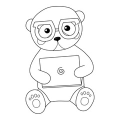 Coloring. The contour of a cute panda who sits at a computer and wears glasses on a white background. Vector illustration. Beautiful black and white animal.