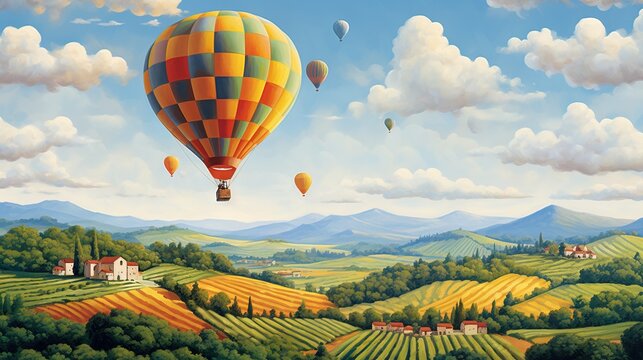  a painting of a hot air balloon flying over a countryside.  generative ai