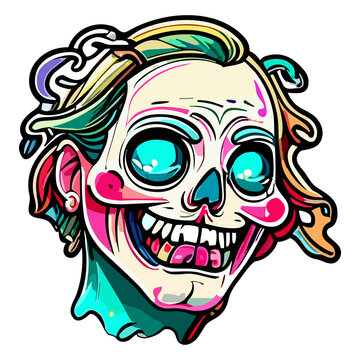 Happy smiling skull face. Psychedelic rainbow colors. Vibrant evil skull face cartoon On transparent background (PNG). Generative AI