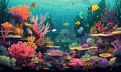 Fototapeta na wymiar an underwater scene with corals, fish and seaweed. generative ai