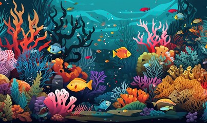 Fototapeta na wymiar an underwater scene with corals, fish, and seaweed. generative ai