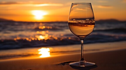  a glass of wine sitting on top of a sandy beach.  generative ai