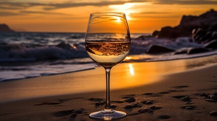  a glass of wine sitting on top of a sandy beach.  generative ai