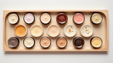  a wooden tray filled with lots of different types of sauces.  generative ai