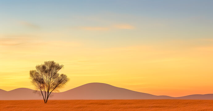 lonely tree in the desert at sunset, copy space made with Generative AI