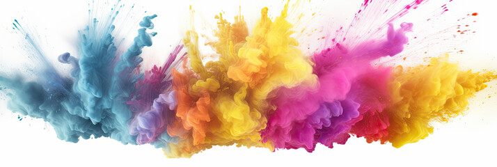 Multicoloured holi powder explosion on a white background. Panoramic view. Generative AI