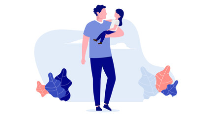 Father and daughter vector - Illustration of dad carrying little girl in arm. Parenting concept, flat design with white background