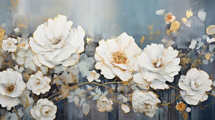  a painting of white flowers on a blue background with gold accents.  generative ai