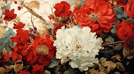  a painting of red and white flowers on a white background.  generative ai