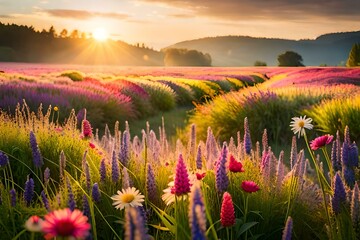 Colorful flower meadow with sunbeams and bokeh lights in summer - nature background banner with copy space - summer greeting card wildflowers spring concept © Donald