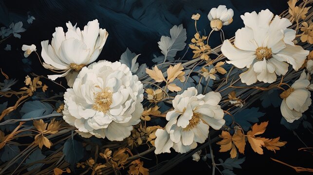  a painting of white flowers on a black background with leaves.  generative ai