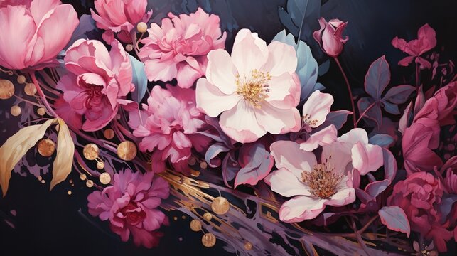  a painting of pink flowers on a black background with gold accents.  generative ai