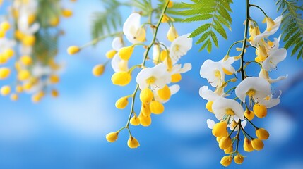  a bunch of yellow and white flowers hanging from a tree.  generative ai