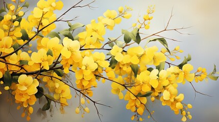  a painting of yellow flowers on a branch with green leaves.  generative ai