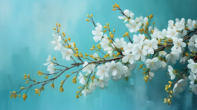  a painting of a branch with white flowers on a blue background.  generative ai