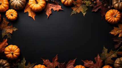 Naklejka na ściany i meble a black background with pumpkins, leaves and other autumn decorations. generative ai