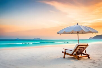 Beach chairs with umbrella and beautiful sand beach, tropical beach with white sand and turquoise water. Travel summer holiday background concept