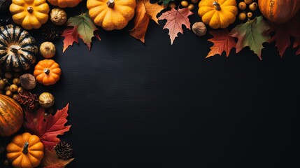 Naklejka na ściany i meble a black background with a bunch of pumpkins and leaves. generative ai