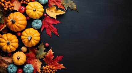  a group of pumpkins and autumn leaves on a black background.  generative ai