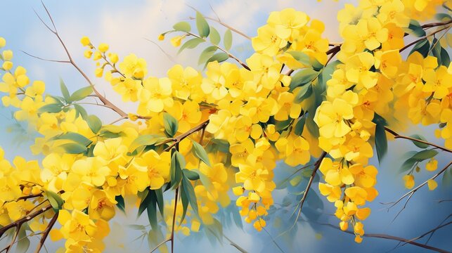  a painting of yellow flowers against a blue sky with clouds.  generative ai