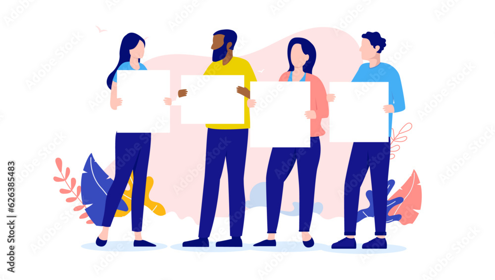 Poster people holding blank posters - vector characters with white empty sign in hands, flat design vector 
