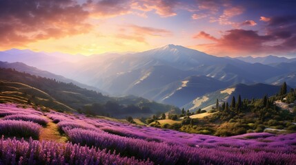 Fototapeta na wymiar a painting of a lavender field with mountains in the background. generative ai