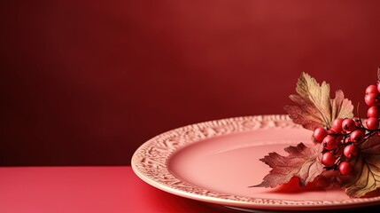 Fototapeta na wymiar a red plate with some red berries and leaves on it. generative ai