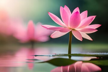 Beautiful pink lotus flower with a green leaf in the pond. A pink lotus water lily blooming on the water, magical spring,summer dreamy background