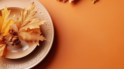  a white plate topped with a yellow leaf and acorn.  generative ai