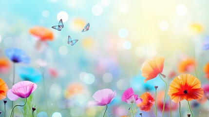  a field of colorful flowers with a butterfly flying over them.  generative ai