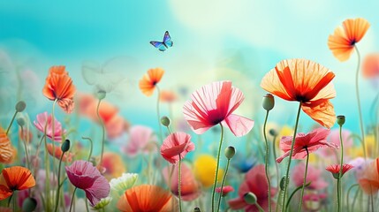  a field full of flowers with a butterfly flying over them.  generative ai
