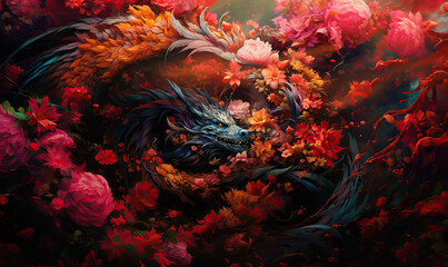Fototapeta na wymiar Fantasy floral dragon on a colorful floral background.