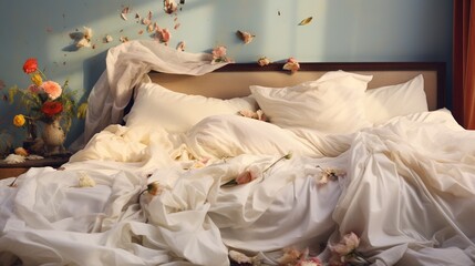  a bed with white sheets and a bunch of flowers on it.  generative ai