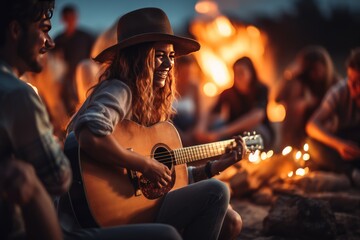 Group of Young People Having Fun Sitting Near Bonfire on a Beach at Night, Playing Guitar Singing...