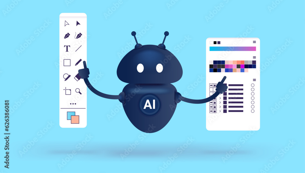 Poster ai design concept - artificial intelligence robot designer working with graphic design. flat deign v