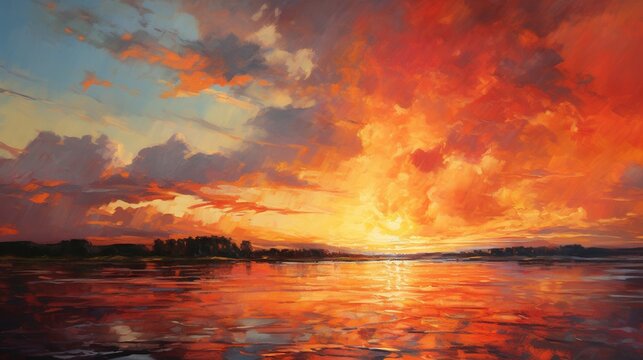  a painting of a sunset over a body of water with clouds.  generative ai