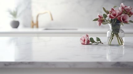  a glass vase filled with pink flowers on top of a counter.  generative ai