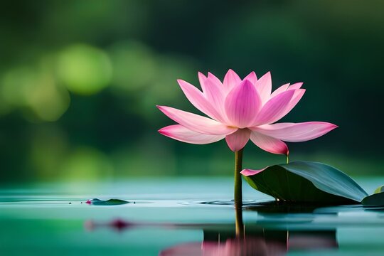 Beautiful pink lotus flower with a green leaf in the pond. A pink lotus water lily blooming on the water, magical spring,summer dreamy background
