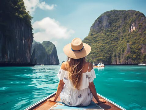 Happy tourist woman in white summer dress relaxing on boat at the beautiful Phi Phi islands with teal waters and clear skies. Krabi, travel concept for Thailand. Generative Ai